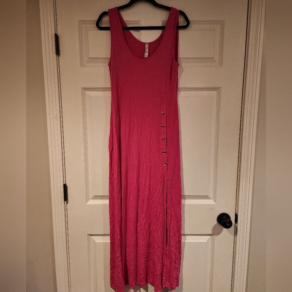 Emerald Stretchy pink maxi dress with faux buttons L - Picture 1 of 4